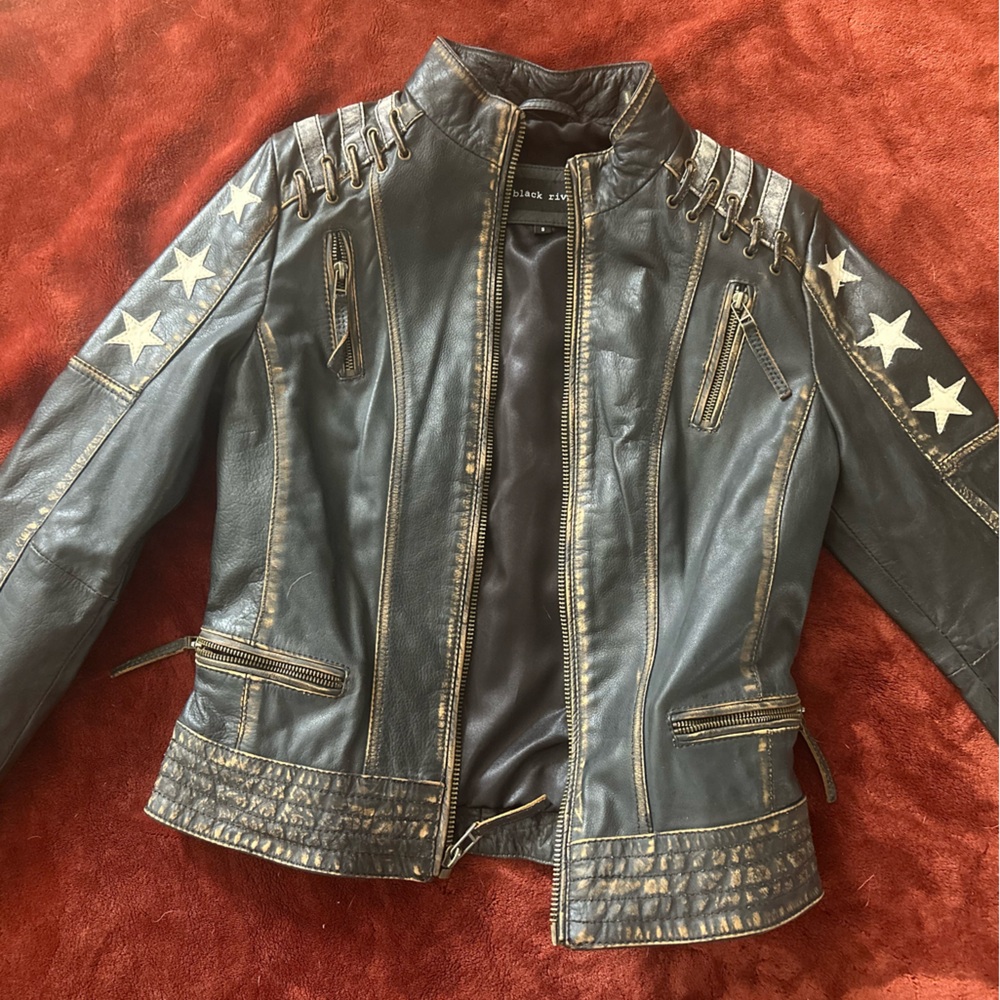 Black Rivet Black Leather Jacket with Star Accents NWT